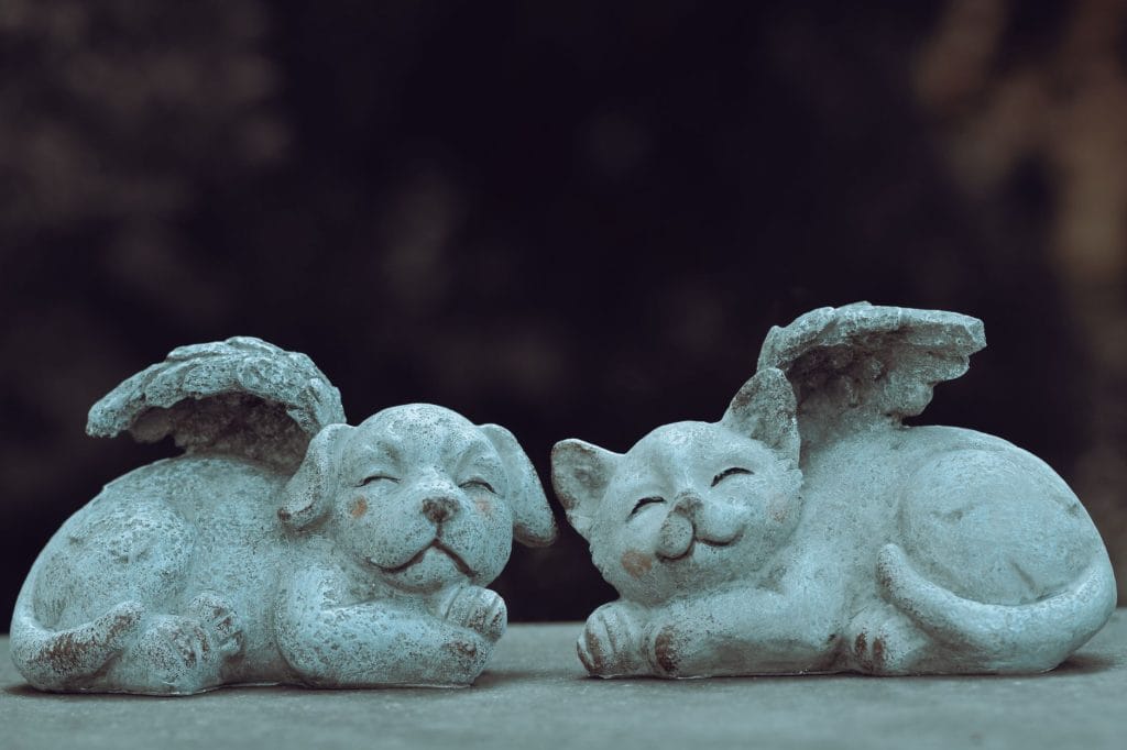 Stone figurines of a dog and a cat with small angel wings, a gentle pet memorial.